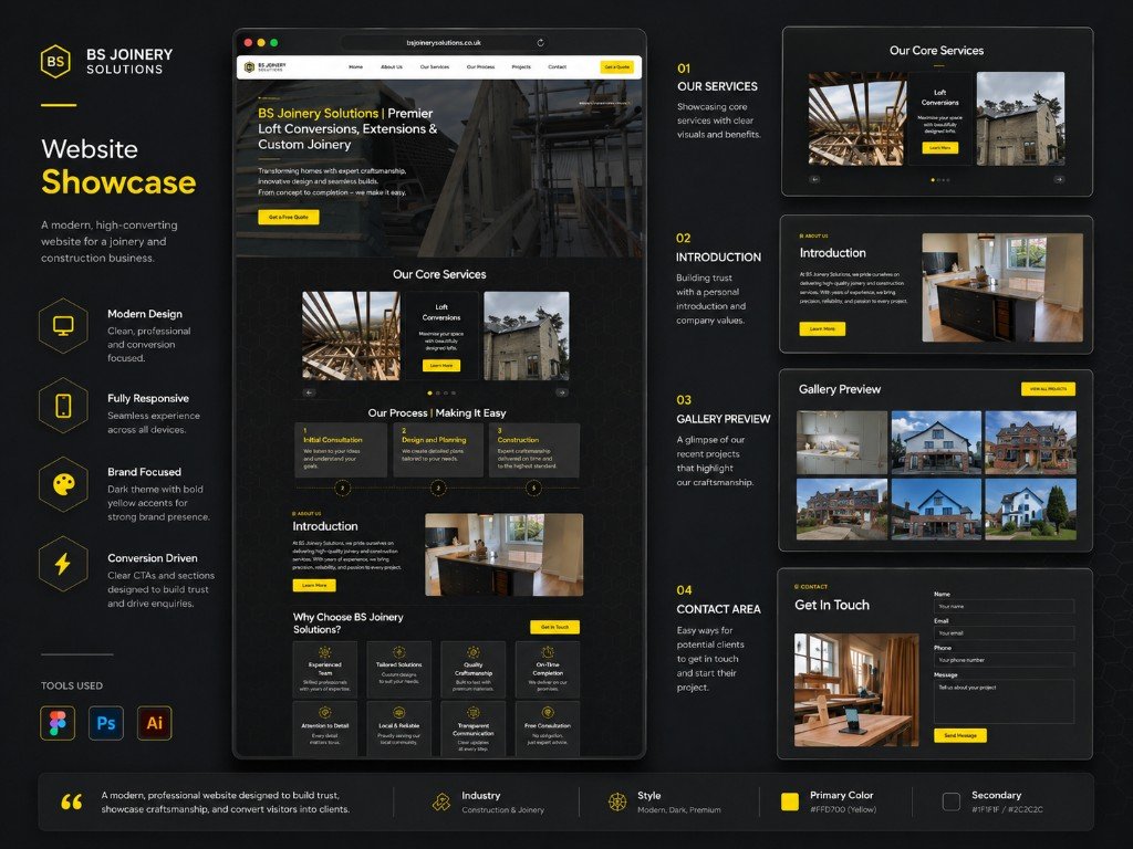 BS Joinery Solutions full website design overview - hero, services, process, and contact sections
