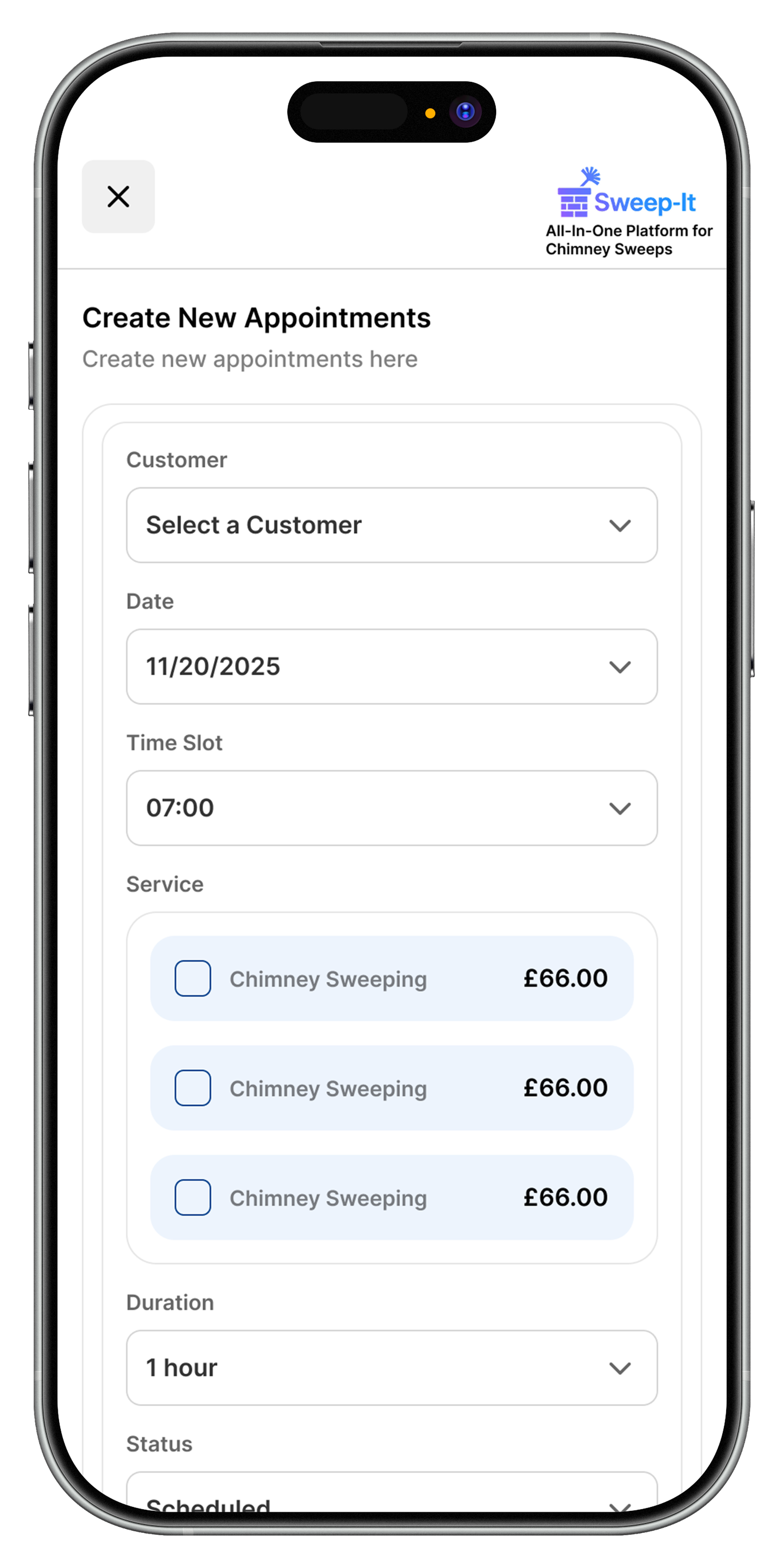 Sweep-It create appointment screen